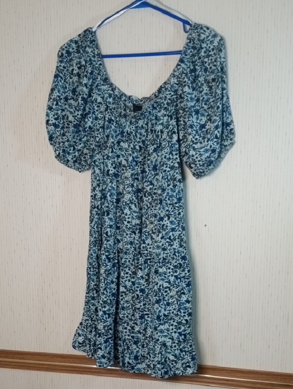 Wild Fabel  Blue Floral Midi Dress with Puff Sleeves, Beachy, Coastal Core, Sum